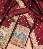 Maroon Soft Banarasi silk zari woven design dress material