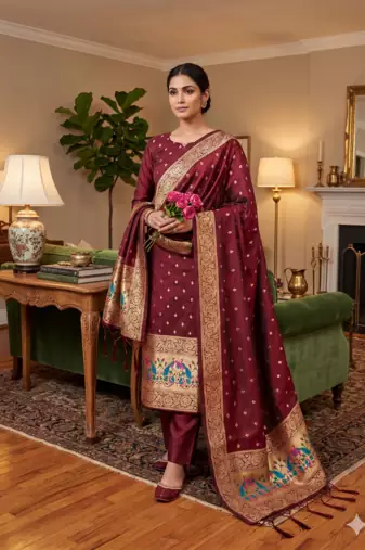 Maroon Soft Banarasi silk zari woven design dress material