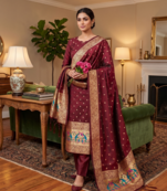 Maroon Soft Banarasi silk zari woven design dress material