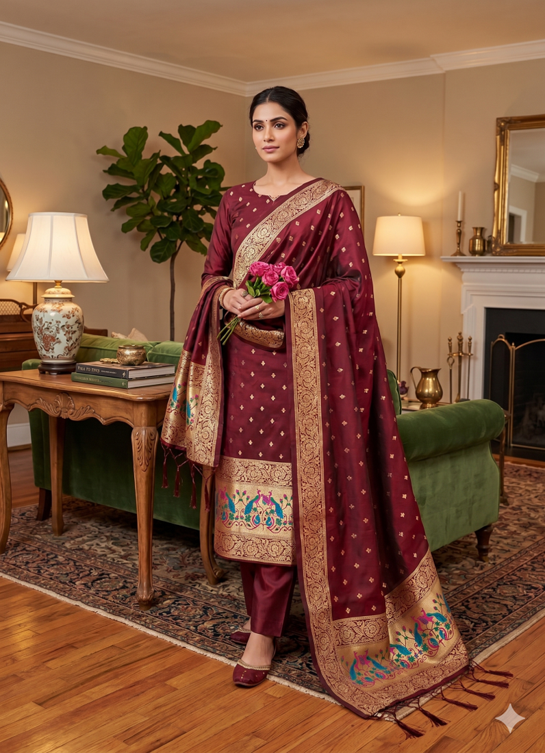 Maroon Soft Banarasi silk zari woven design dress material