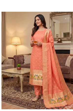 Peach Soft Banarasi silk zari woven design dress material 1
