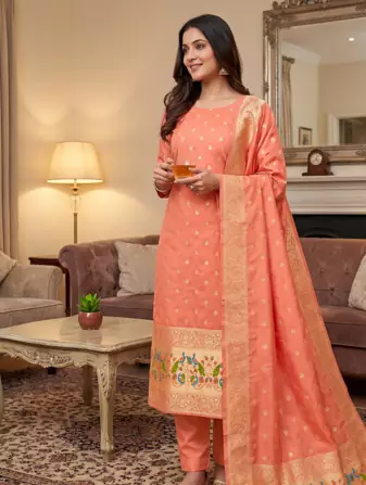 Peach Soft Banarasi silk zari woven design dress material