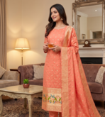 Peach Soft Banarasi silk zari woven design dress material