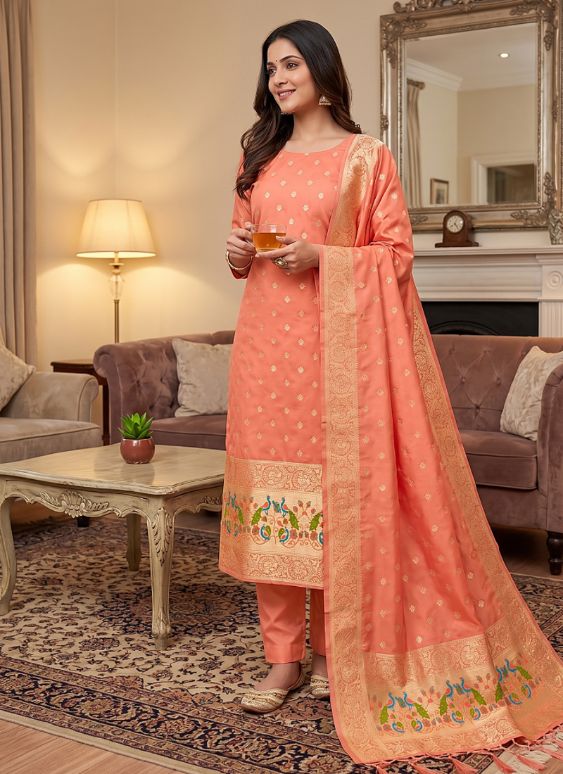 Peach Soft Banarasi silk zari woven design dress material