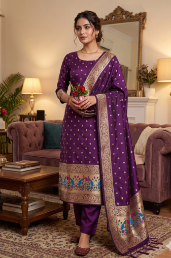 Purple Soft Banarasi silk zari woven design dress material