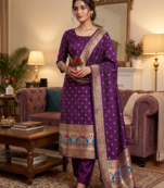 Purple Soft Banarasi silk zari woven design dress material