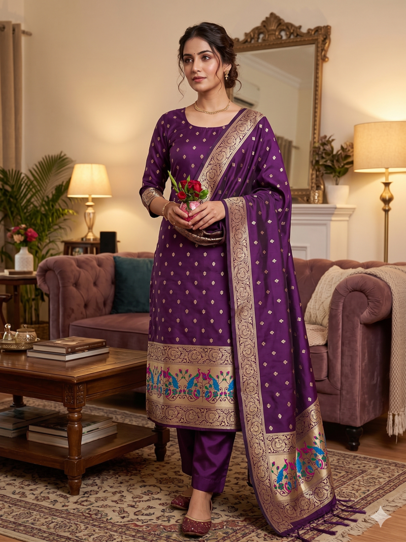 Purple Soft Banarasi silk zari woven design dress material