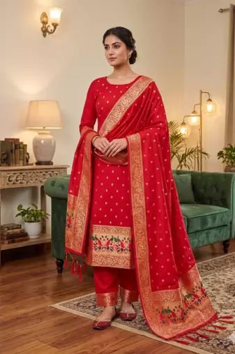 Red Soft Banarasi silk zari woven design dress material