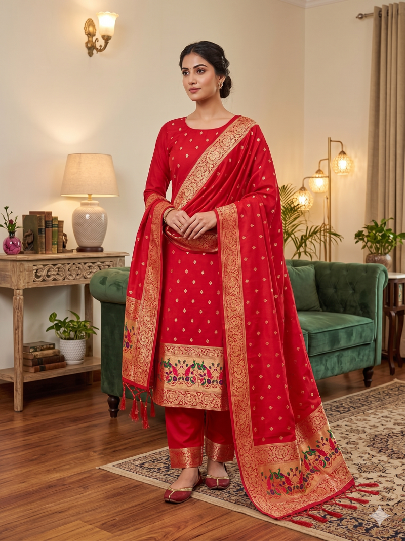 Red Soft Banarasi silk zari woven design dress material