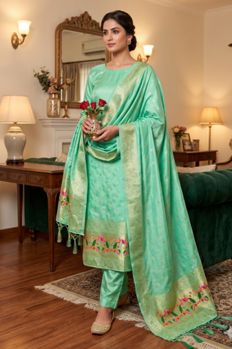 Seagreen Soft Banarasi silk zari woven design dress material