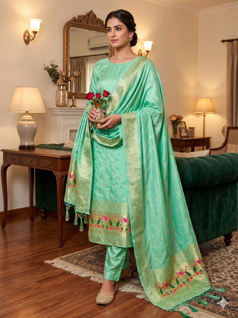 Seagreen Soft Banarasi silk zari woven design dress material
