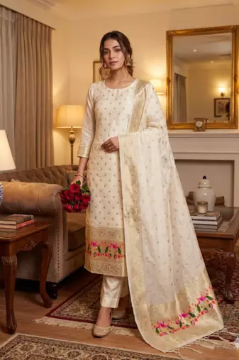 Cream Soft Banarasi silk zari woven design dress material
