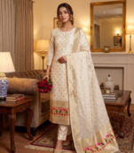 Cream Soft Banarasi silk zari woven design dress material