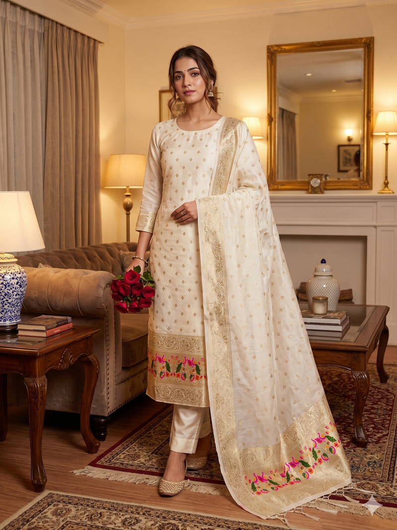 Cream Soft Banarasi silk zari woven design dress material