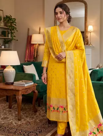 Yellow Soft Banarasi silk zari woven design dress material