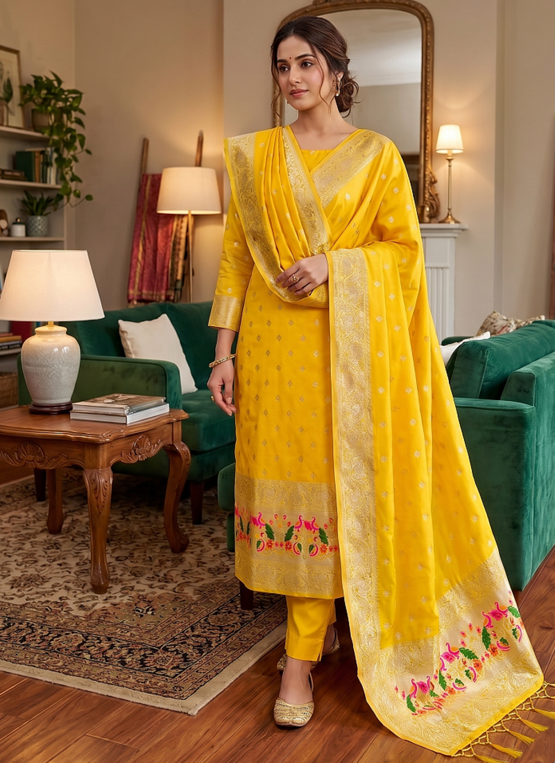 Yellow Soft Banarasi silk zari woven design dress material