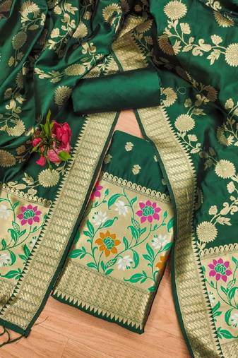 Green Soft Banarasi silk zari woven design dress material