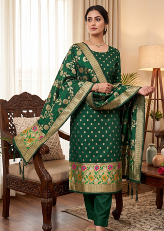 Green Soft Banarasi silk zari woven design dress material