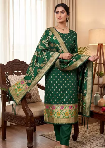 Green Soft Banarasi silk zari woven design dress material
