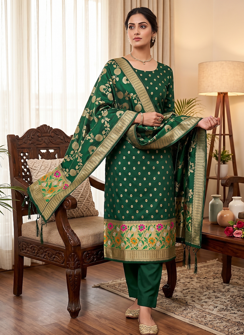 Green Soft Banarasi silk zari woven design dress material