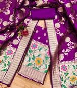 Purple Soft Banarasi silk zari woven design dress material