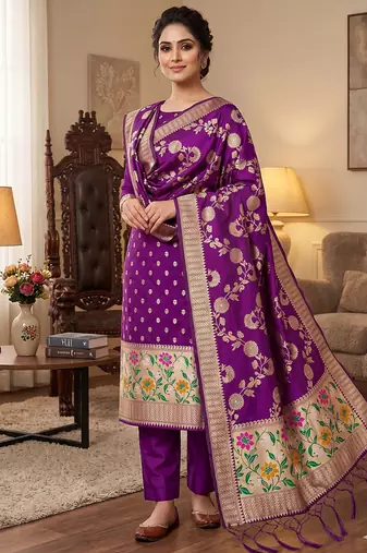 Purple Soft Banarasi silk zari woven design dress material