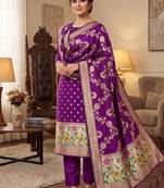 Purple Soft Banarasi silk zari woven design dress material