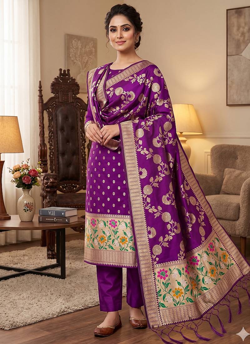 Purple Soft Banarasi silk zari woven design dress material