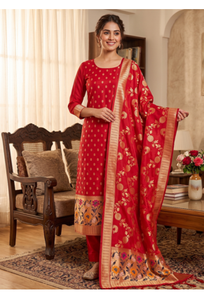 Red Soft Banarasi silk zari woven design dress material 1
