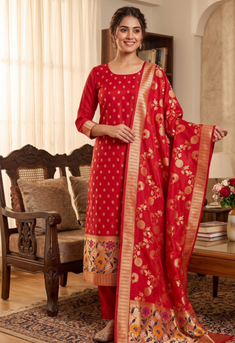 Red Soft Banarasi silk zari woven design dress material