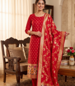 Red Soft Banarasi silk zari woven design dress material