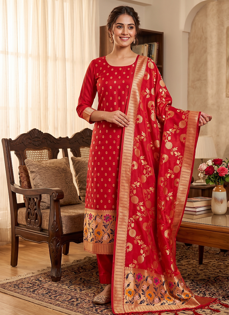 Red Soft Banarasi silk zari woven design dress material