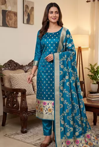 Skyblue Soft Banarasi silk zari woven design dress material