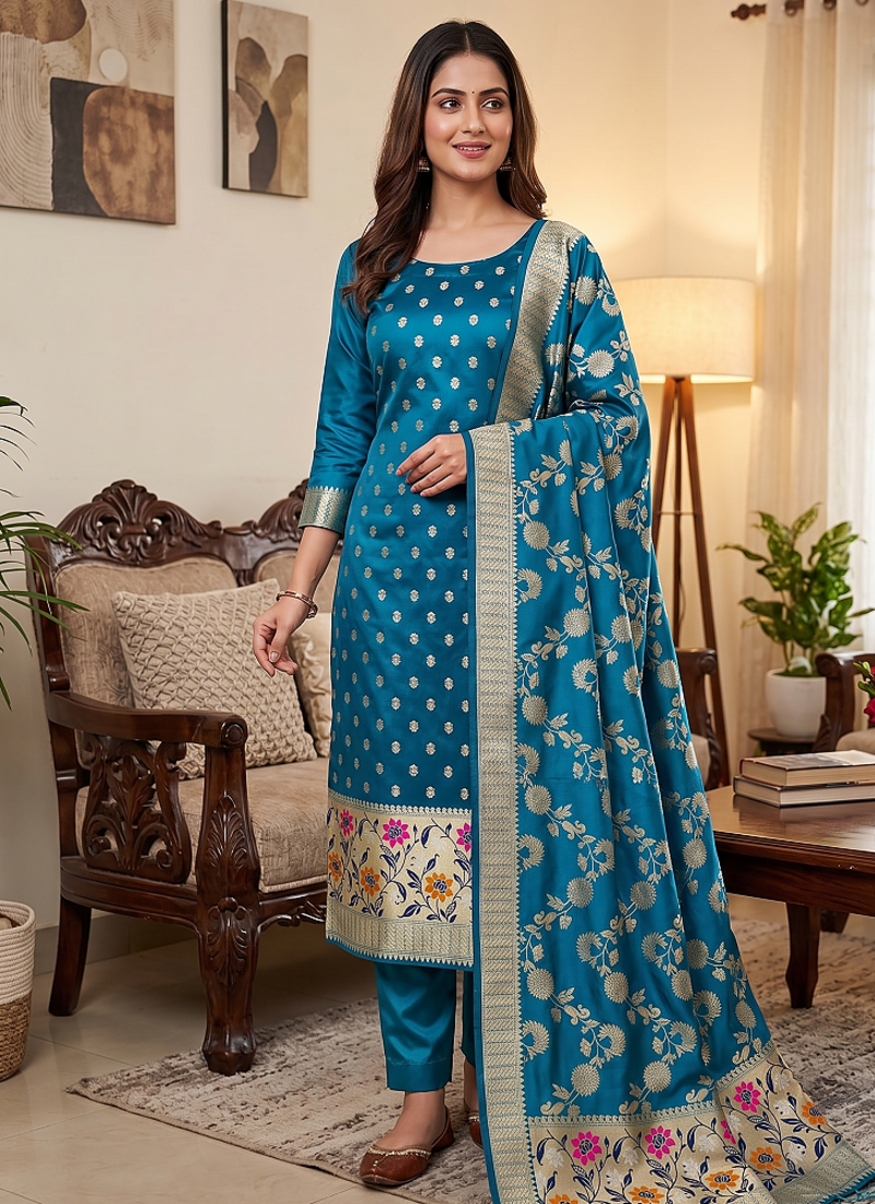 Skyblue Soft Banarasi silk zari woven design dress material