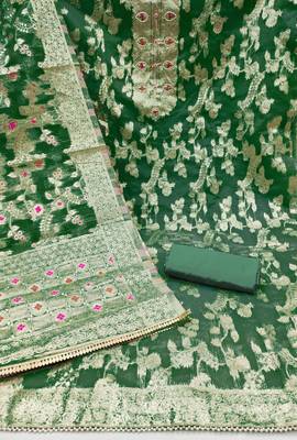 Green Organza Unstitched Dress Material 2