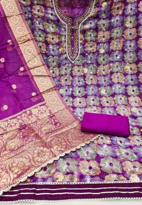 Purple Organza Hand Work Unstitched Dress Material 2