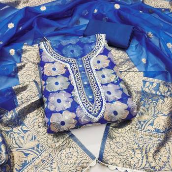 Blue Organza Hand Work Unstitched Dress Material 1