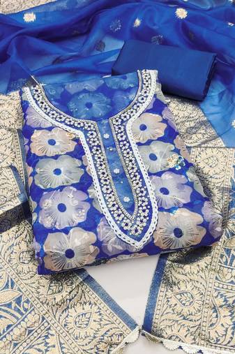 Blue Organza Hand Work Unstitched Dress Material