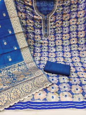 Blue Organza Hand Work Unstitched Dress Material 2