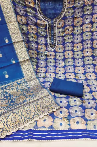 Blue Organza Hand Work Unstitched Dress Material