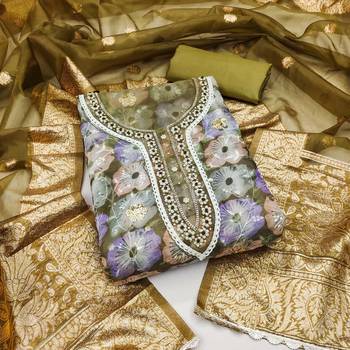Mehndi Organza Hand Work Unstitched Dress Material 1