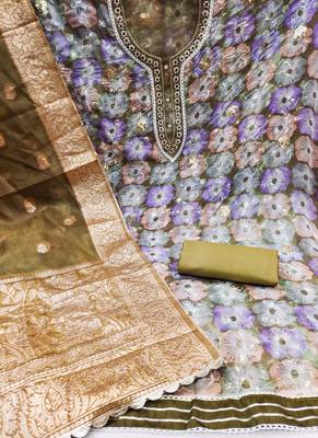 Mehndi Organza Hand Work Unstitched Dress Material 2