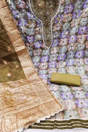 Mehndi Organza Hand Work Unstitched Dress Material
