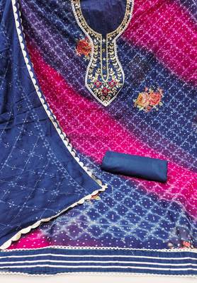 Blue Organza Hand Work Unstitched Dress Material 2