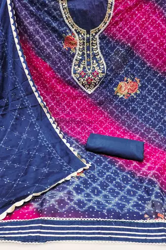 Blue Organza Hand Work Unstitched Dress Material