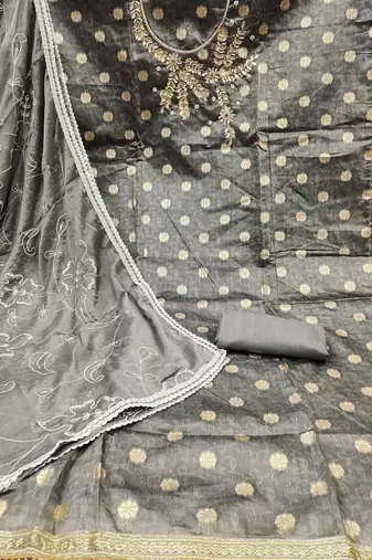 Grey Simar Hand Work Unstitched Dress Material