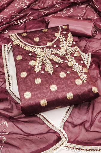 Wine Simar Hand Work Unstitched Dress Material