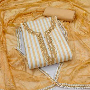 Yellow Cotton Hand Work Unstitched Dress Material 1
