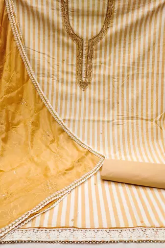Yellow Cotton Hand Work Unstitched Dress Material