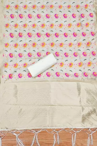 Cream Soft Banarasi silk zari woven design dress material